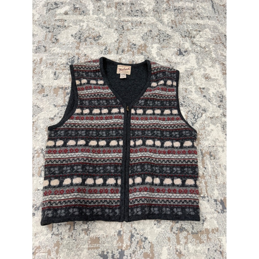 Woolrich Womens L Lambswool Fair Isle Sheep Zip Up Sweater Vest Charcoal 9298